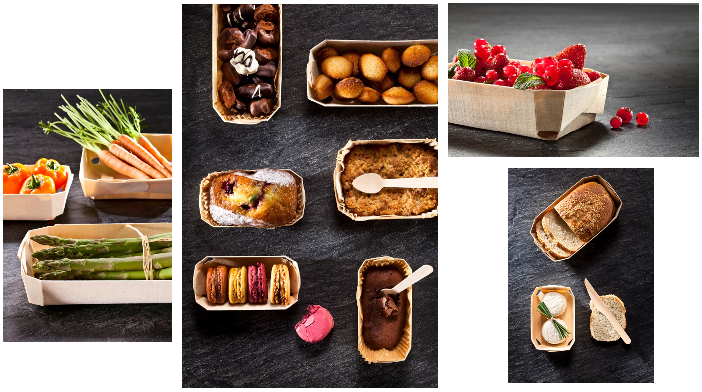 barquette en bois, cuisson d'aliments, gateaux, madeleines, chocolats,pain, petites carottes, asperges, macarons, cake